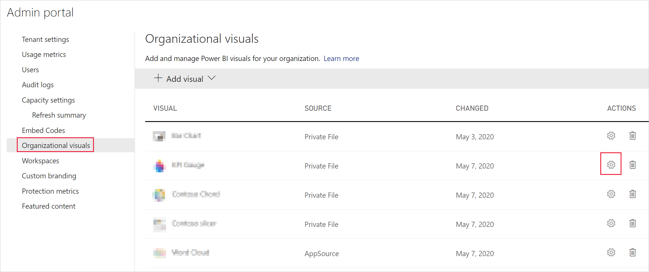 Power BI 관리자 설정의 조직 시각적 개체 메뉴를 보여 주는 스크린샷 시각적 개체 추가 옵션이 확장되었습니다. 앱 원본에서 옵션이 선택되고 앱 원본 시각적 개체 목록이 표시됩니다.