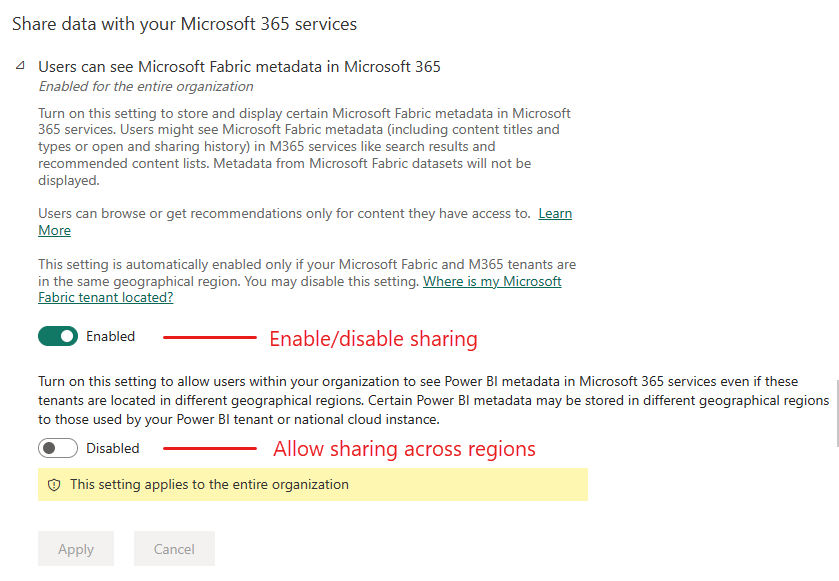 Screenshot of Users can see Microsoft Fabric metadata in Microsoft 365 tenant setting.