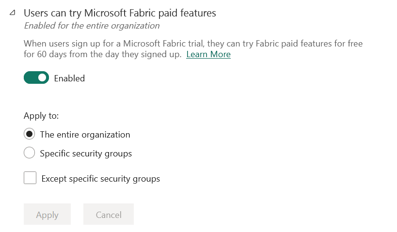 사용자가 Microsoft Fabric 유료 기능을 사용해 보기 위한 스크린샷