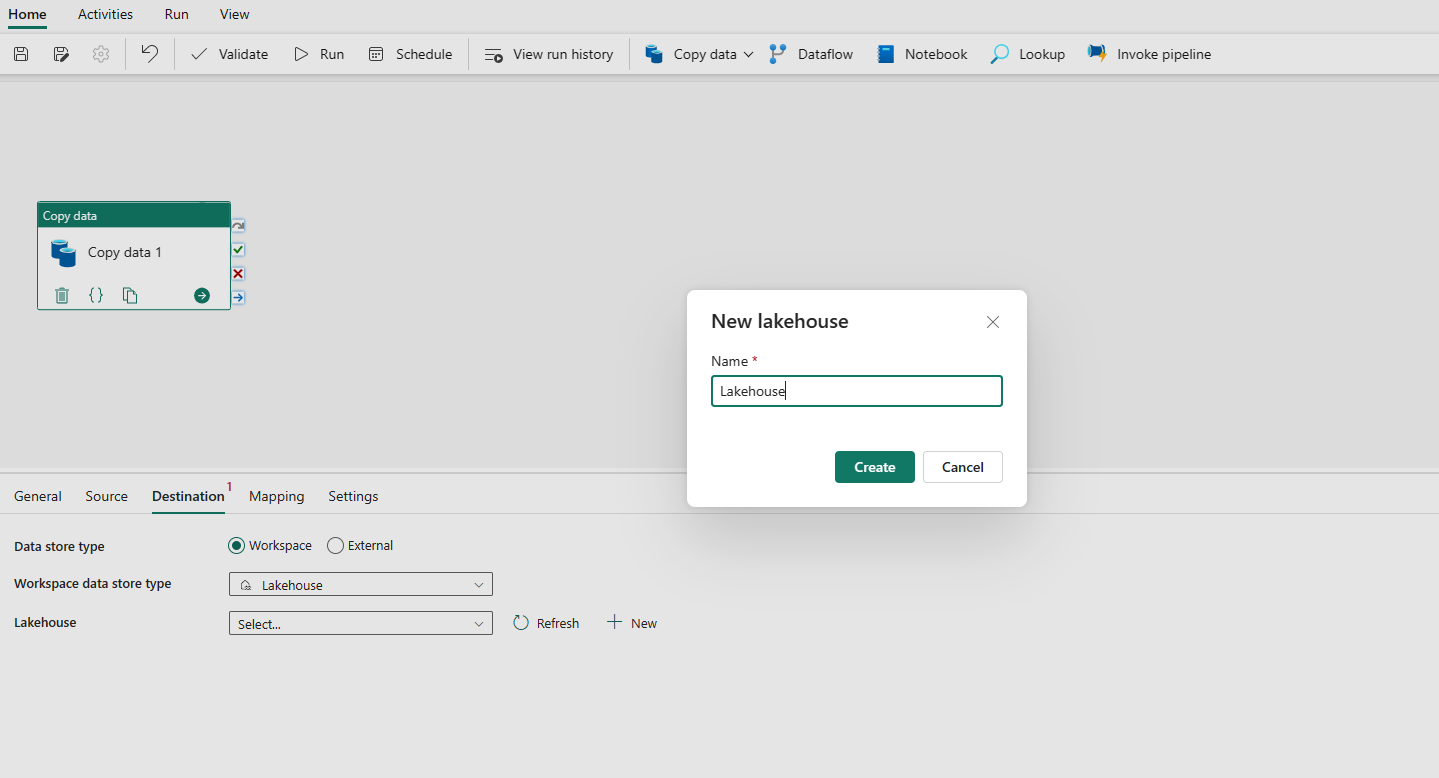 Lakehouse 생성을 보여 주는 스크린샷