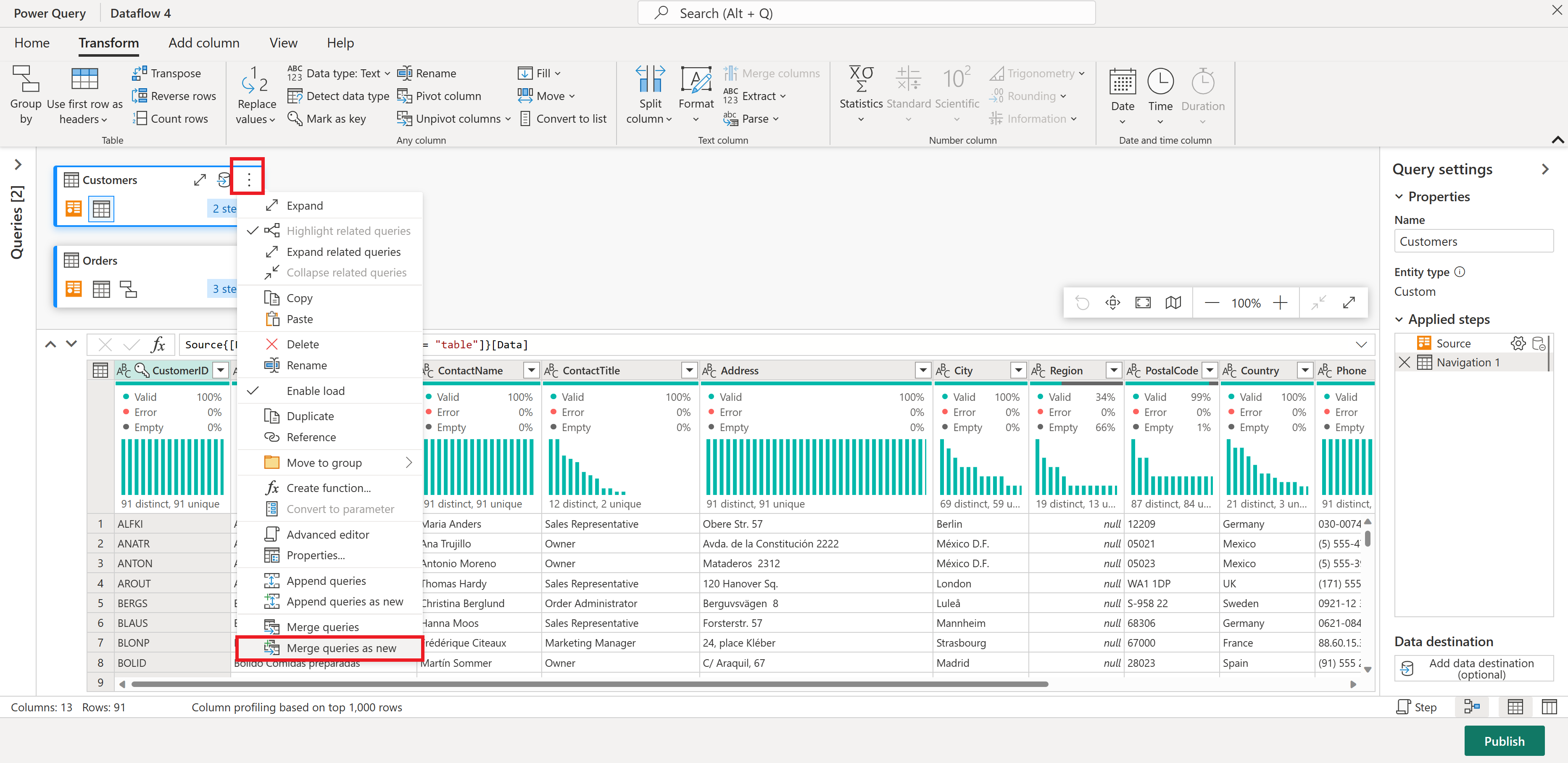 Screenshot of the dataflow editor, with the vertical ellipsis of the Customers table and Merge queries as new emphasized.