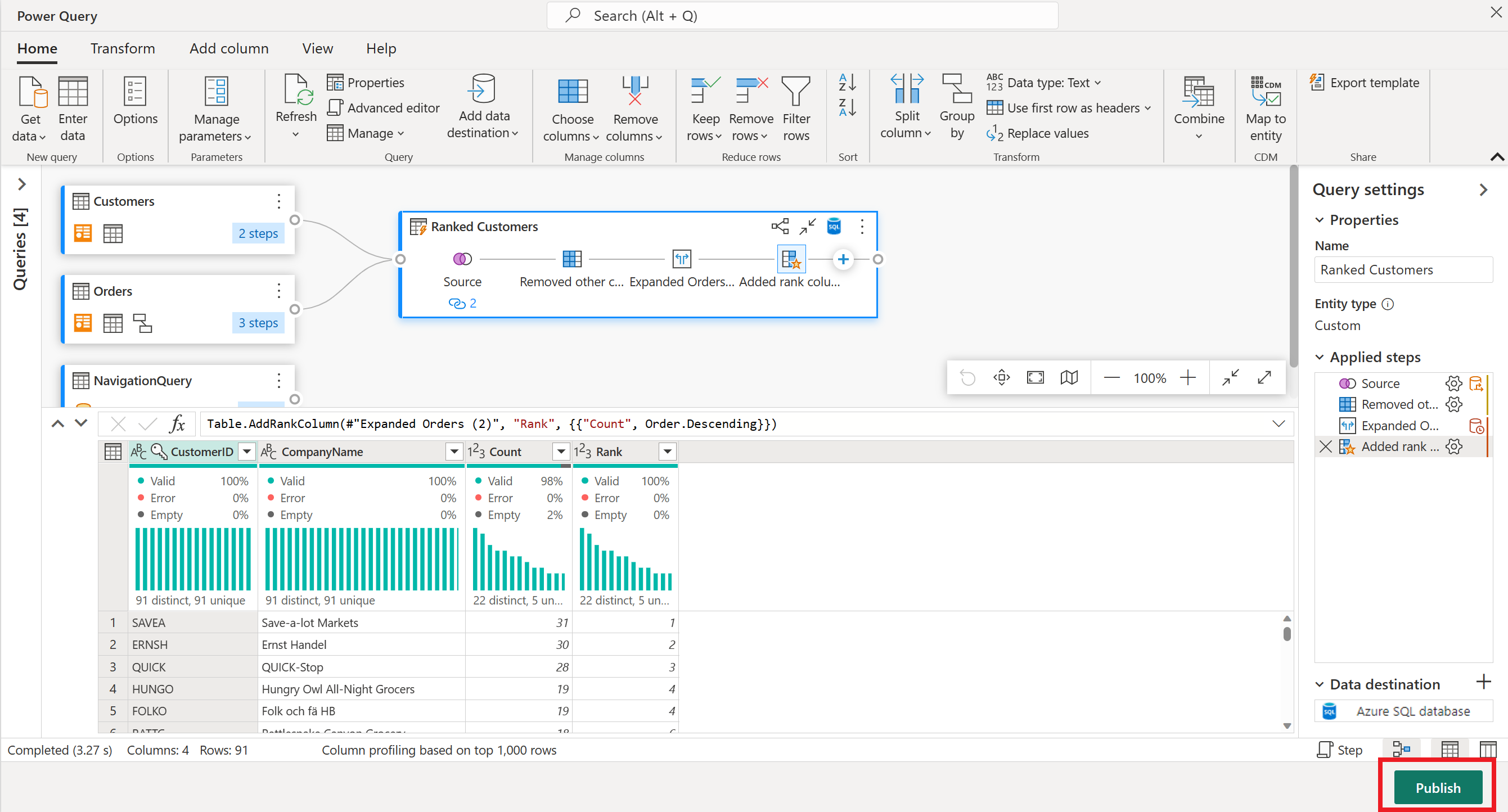 Screenshot of the dataflows editor with the Publish button on the lower-right side emphasized.