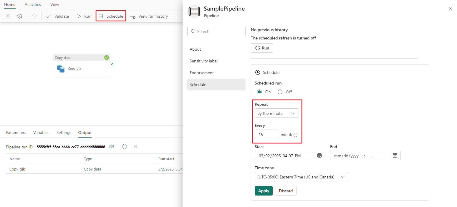 Screenshot showing the schedule dialog for the pipeline with a 15-minute recurring schedule.