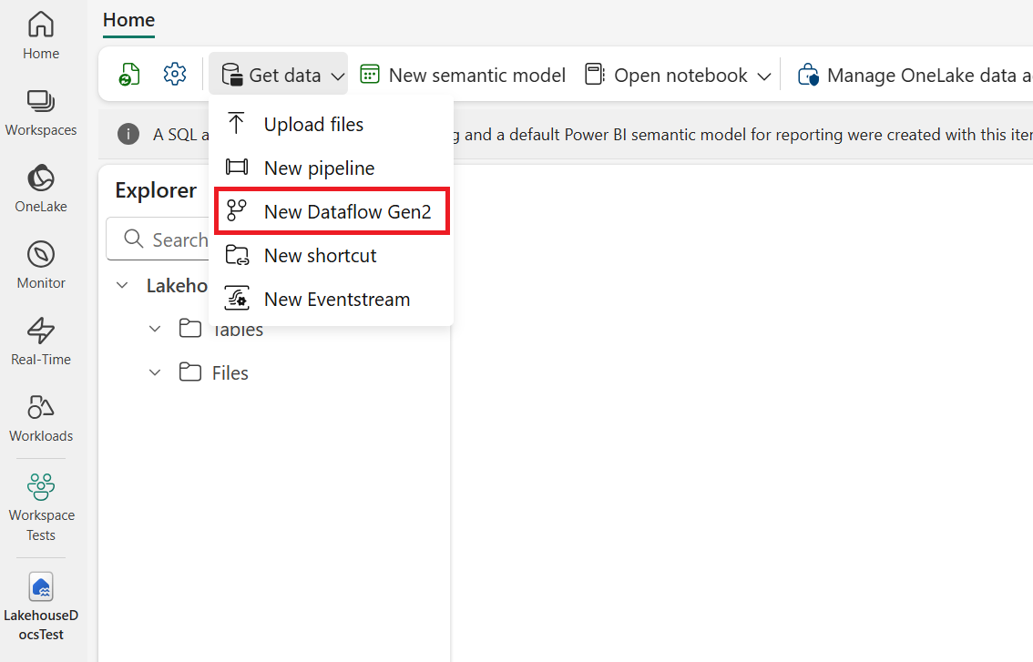 새 Dataflow Gen2가 강조 표시된 Warehouse 환경의 스크린샷