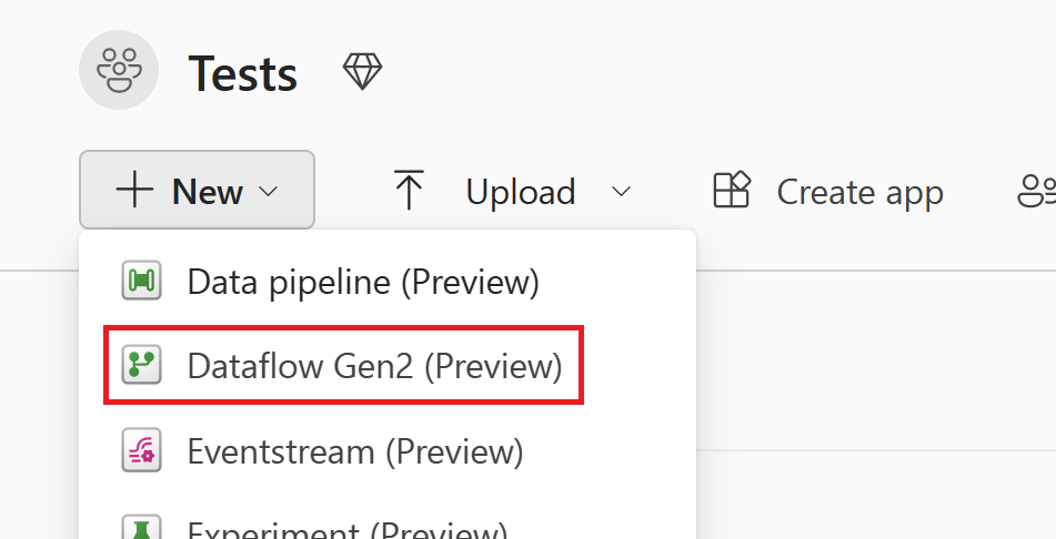 데이터 흐름 Gen2(미리 보기)가 강조 표시된 새 메뉴를 보여 주는 스크린샷