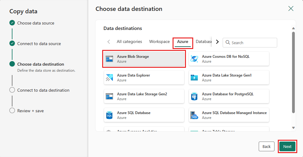 Screenshot showing the Azure Blob Storage data destination.
