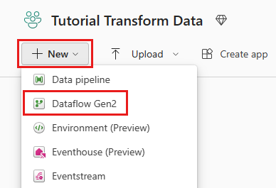 Screenshot showing where to start creating a dataflow gen2.