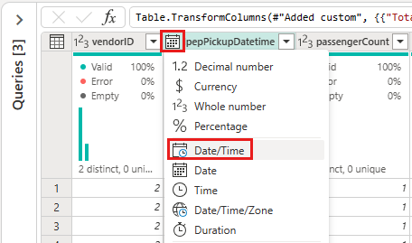 IpepPickupDatetime 열에 대한 날짜/시간 데이터 형식의 선택을 보여 주는 스크린샷