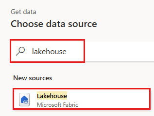 데이터 원본 선택 메뉴에서 Lakehouse 데이터 원본 선택을 보여 주는 스크린샷