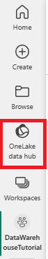 OneLake 데이터 허브를 선택할 위치를 보여 주는 탐색 메뉴의 스크린샷