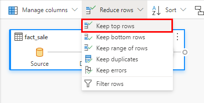 Screenshot of the Reduce rows drop-down menu, showing where to select the Keep top rows option.