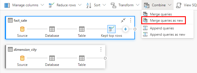 Screenshot of the transformations ribbon with the Combine drop-down menu open, showing where to select Merge queries as new.