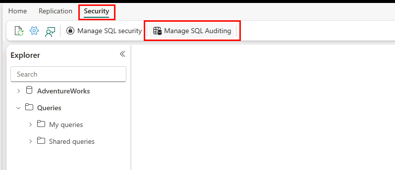 보안 탭과 SQL 감사 관리 단추를 보여 주는 패브릭 포털의 스크린샷