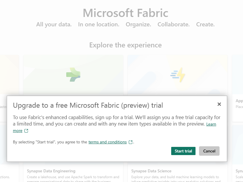 무료 Microsoft Fabric(미리 보기) 평가판으로 업그레이드하라는 프롬프트의 스크린샷.