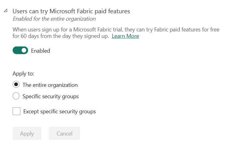 Microsoft Fabric 평가판 설정의 스크린샷