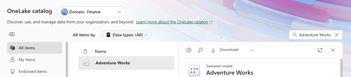 도메인 이미지가 있는 OneLake 카탈로그의 스크린샷