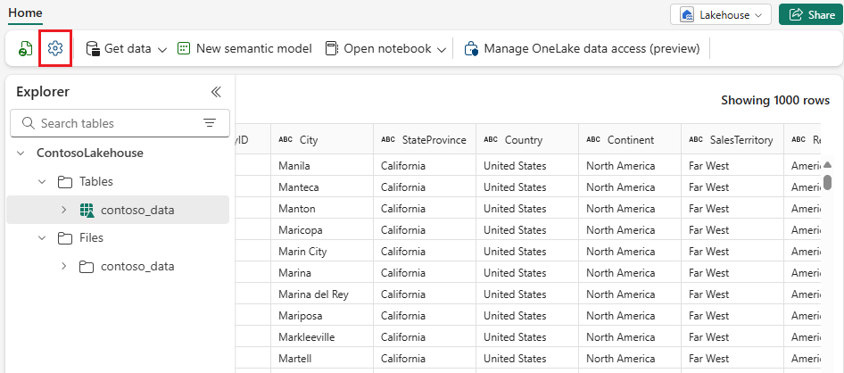 Lakehouse의 설정 아이콘을 보여 주는 스크린샷.
