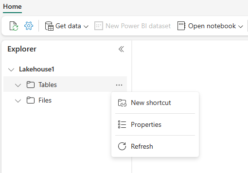 Screenshot showing location of New Shortcut in Tables.