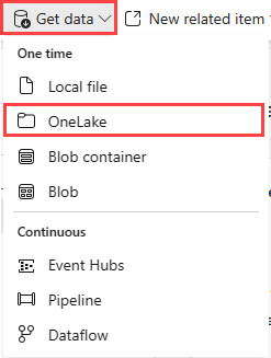 데이터 가져오기의 드롭다운 메뉴를 보여 주는 홈 리본의 스크린샷 Onelake라는 옵션이 강조 표시되어 있습니다.