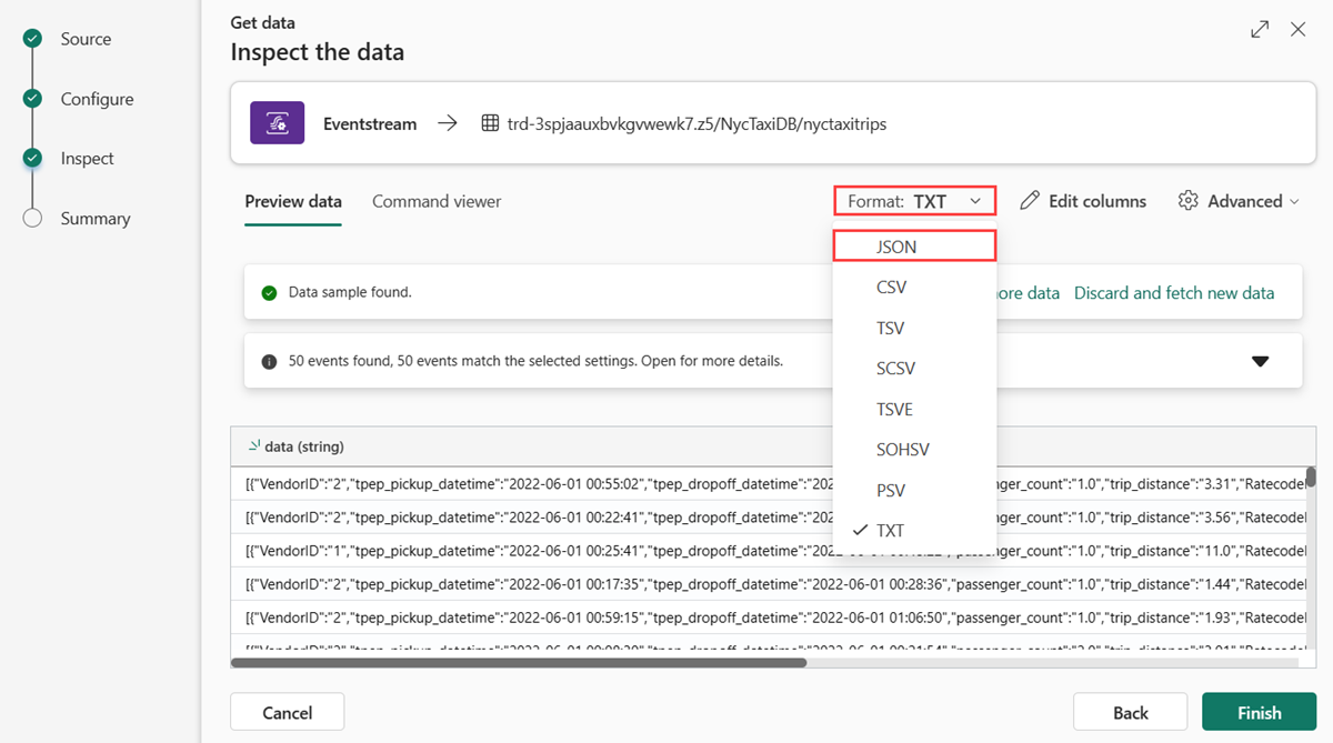 Microsoft Fabric의 실시간 분석에서 데이터 형식 JSON이 선택된 스키마 탭의 스크린샷