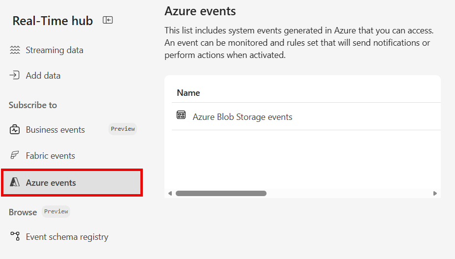 Azure 이벤트 페이지에서 Azure Blob Storage 이벤트의 선택을 보여 주는 스크린샷