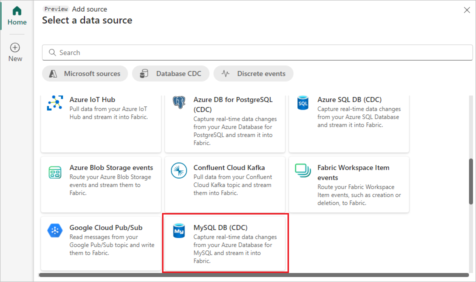 Azure MySQL DB(CDC)를 선택하는 스크린샷.