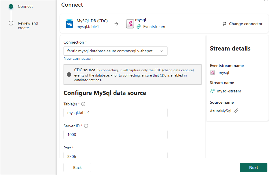 Azure MySQL DB(CDC) 연결에 대한 테이블, 서버 ID 및 포트를 선택하는 스크린샷.