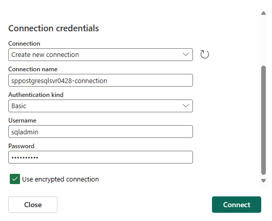 Azure PostgreSQL 데이터베이스 커넥터에 대한 연결 자격 증명 섹션을 보여 주는 스크린샷