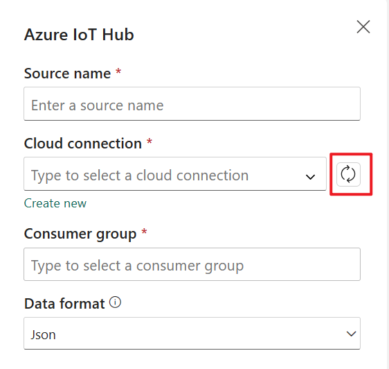 Azure IoT Hub에 대한 클라우드 연결을 새로 고칠 위치를 보여 주는 스크린샷
