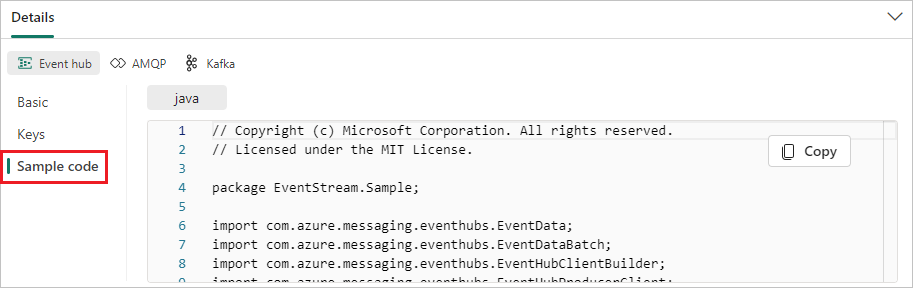 eventstream Live 보기의 세부 정보 창에 있는 샘플 코드를 보여 주는 스크린샷.
