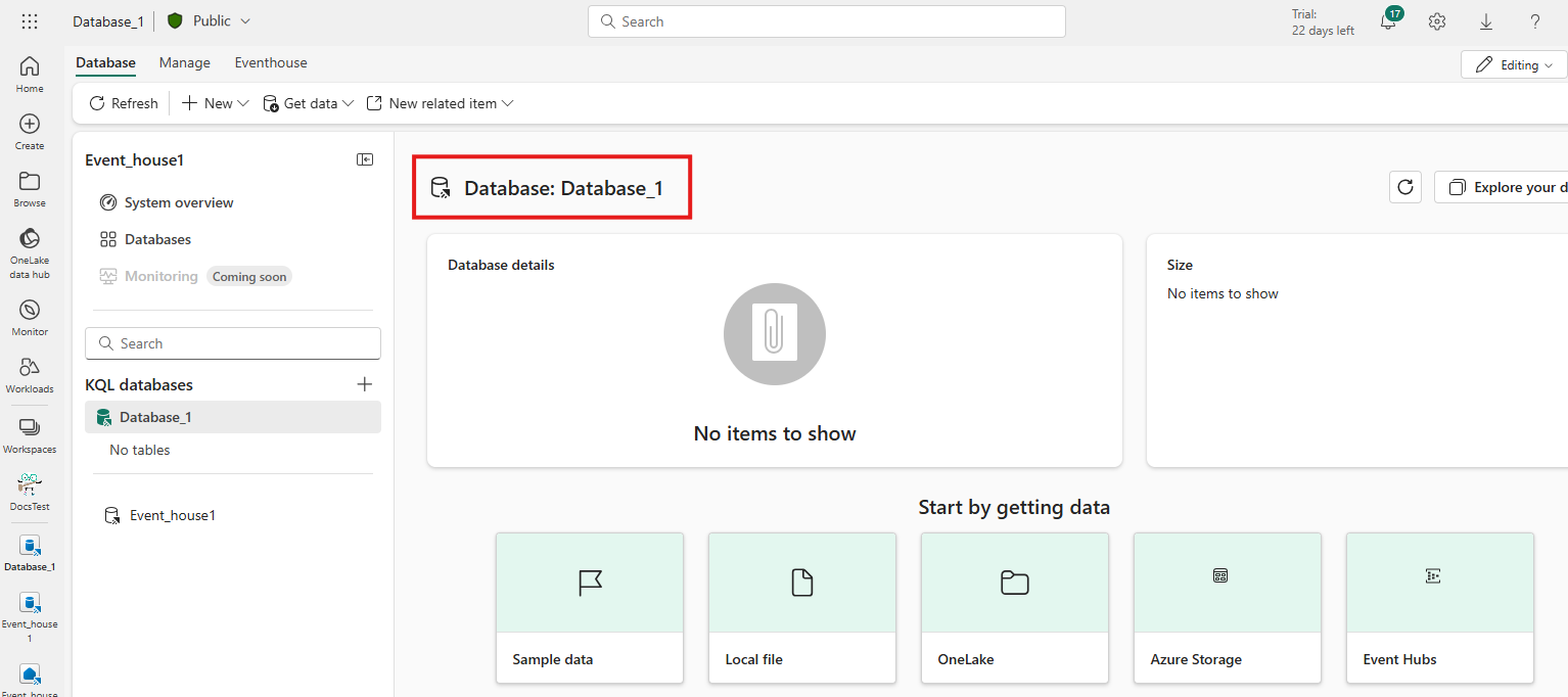 새 데이터베이스에 대한 데이터베이스 세부 정보 페이지의 스크린샷.