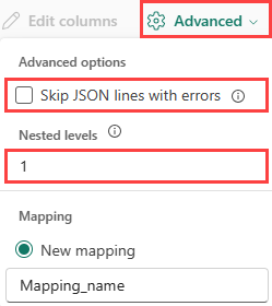 고급 JSON 옵션의 스크린샷.