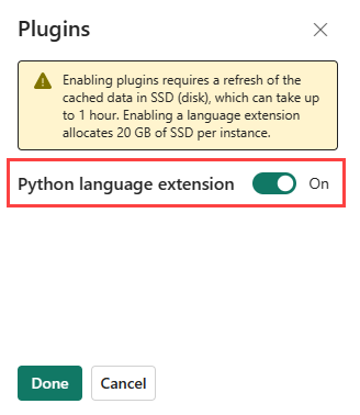 Python 언어 확장을 보여 주는 플러그 인 창의 스크린샷. 토글 단추가 강조 표시됩니다.