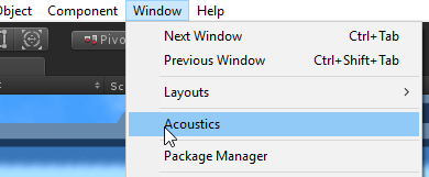 창 메뉴에 Acoustics 옵션이 강조 표시된 Unity 편집기