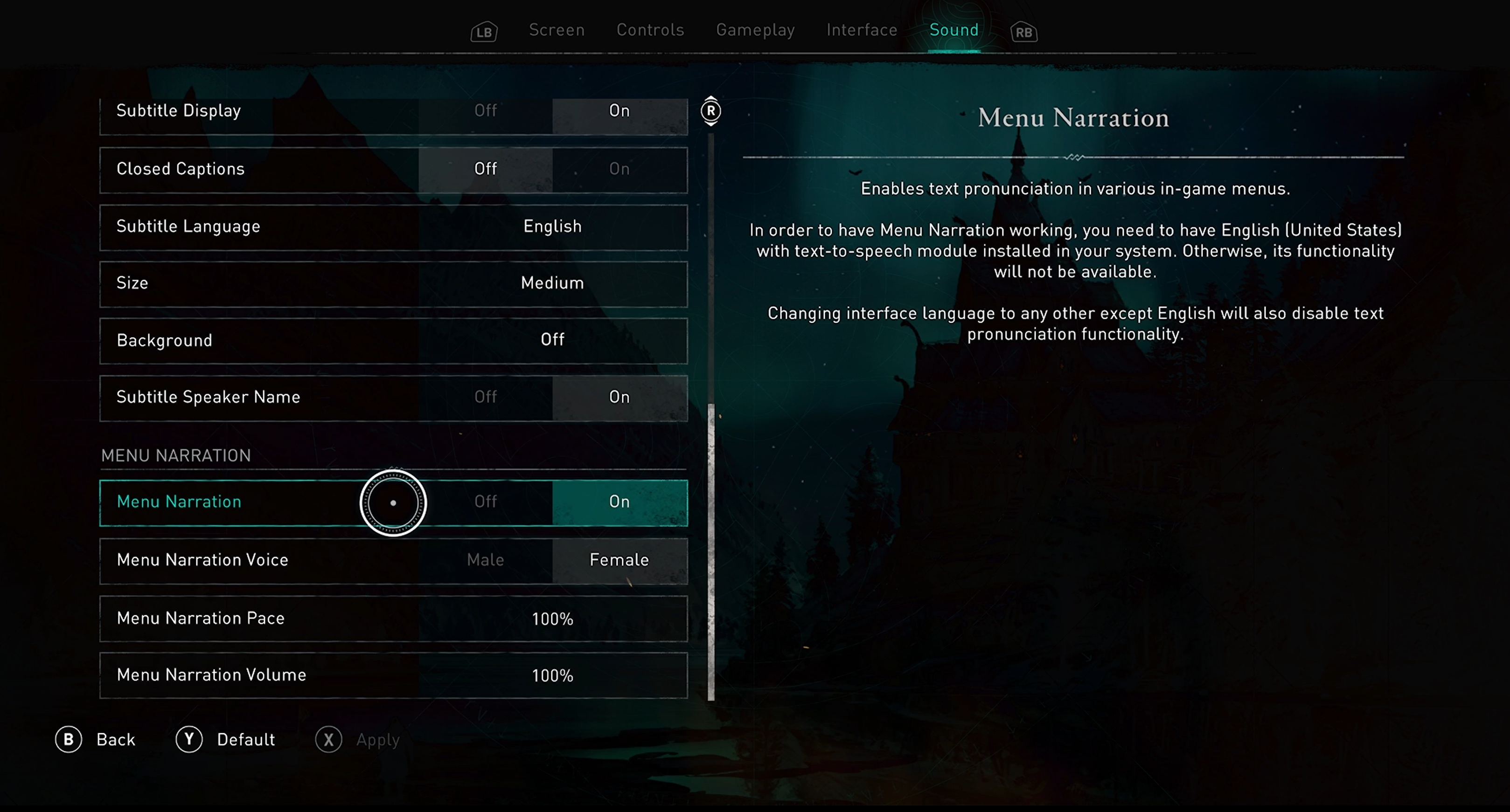 게임 내 사운드 메뉴의 Assassin's Creed Valhalla 스크린샷. 포커스가 100%로 설정된 메뉴 내레이션 속도 설정에 있습니다.
