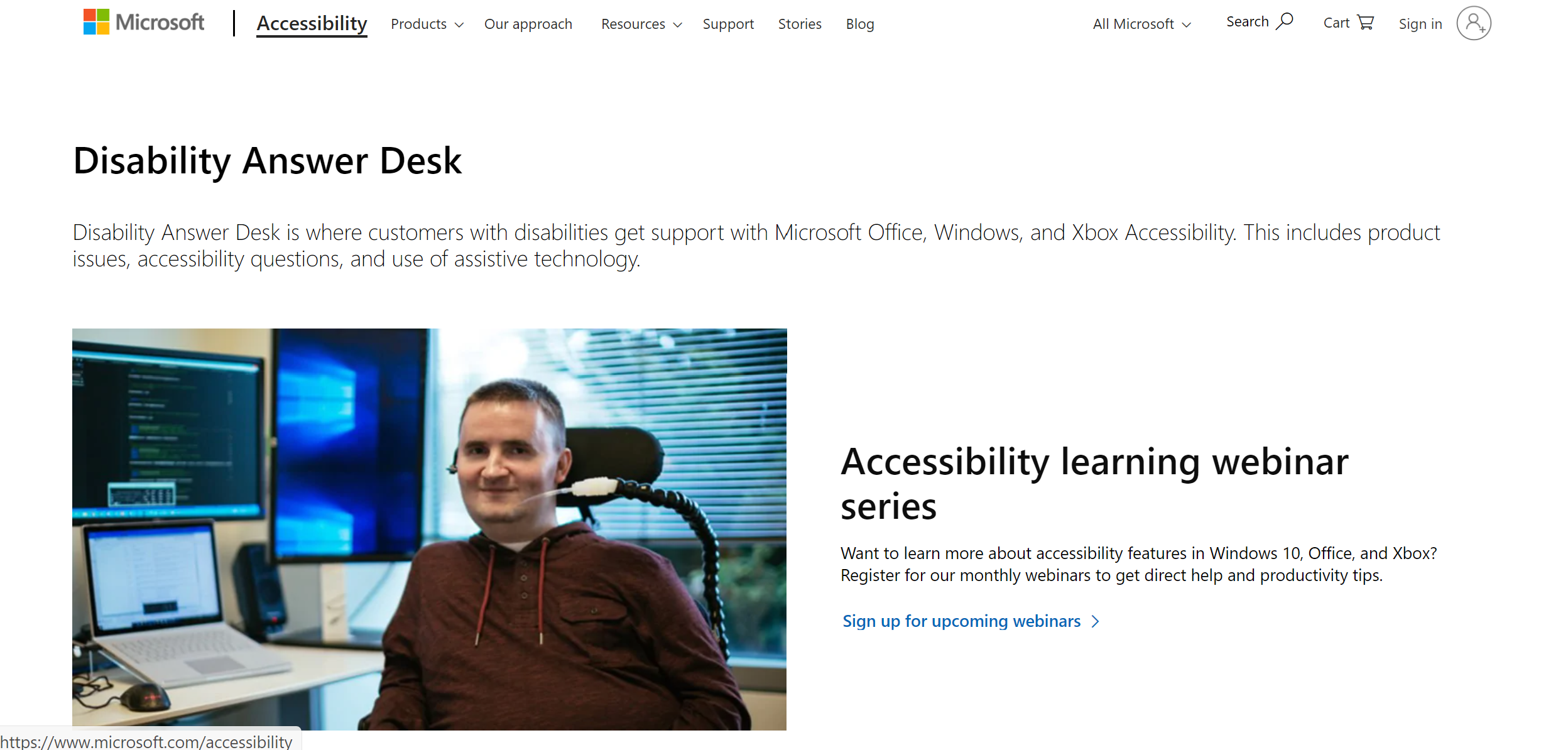 Microsoft 장애인용 Answer Desk 웹 사이트의 스크린샷. 