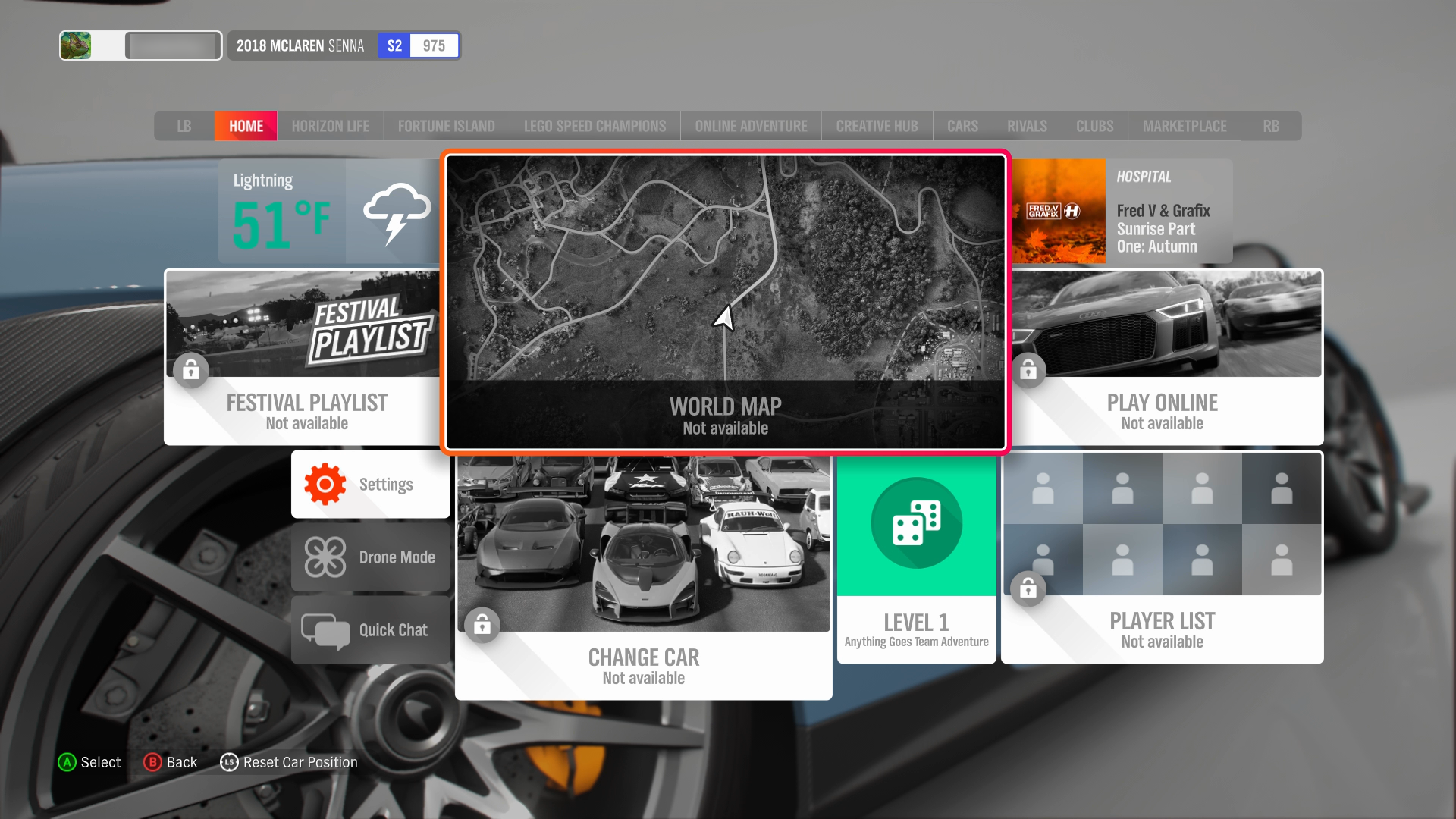 Forza Horizon 일시 중지 메뉴. 몇 가지 옵션을 사용할 수 없으므로 옵션 이름 아래에 