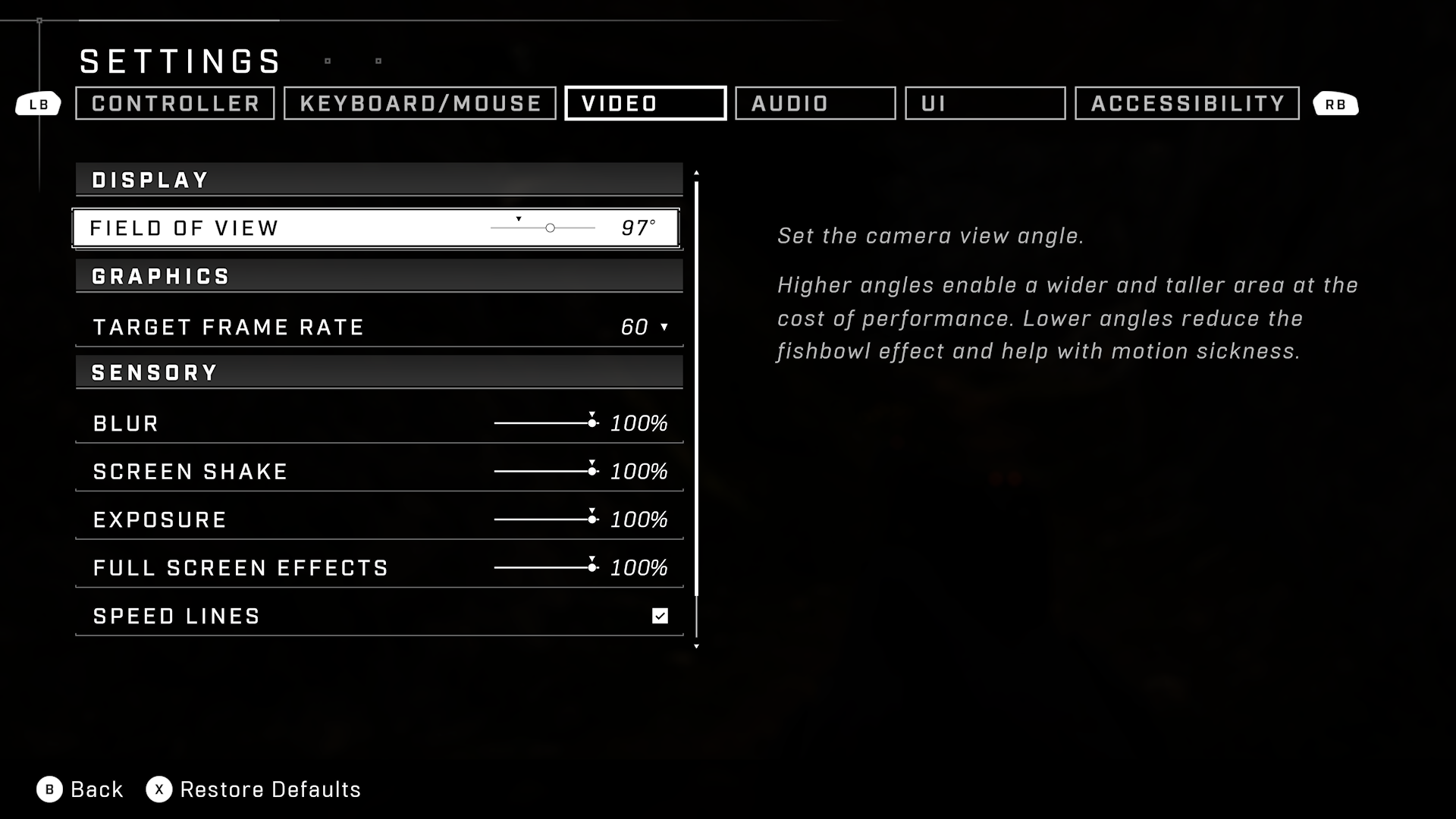 시야 설정이 강조 표시되고 97도로 설정된 설정 메뉴의 비디오 섹션에 대한 Halo Infinite 스크린샷