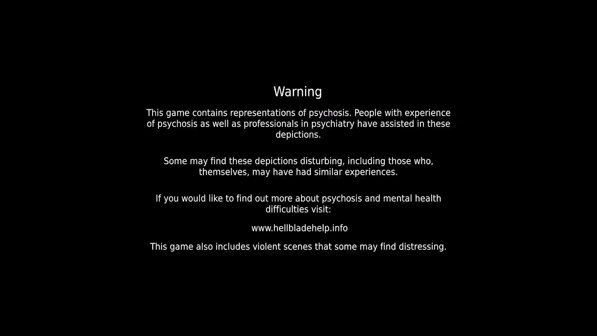 Hellblade Senua's Sacrifice의 스크린샷에는 다음과 같은 경고 화면이 포함되어 있습니다. 