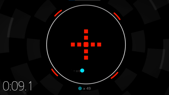 Hyperdot Drifter의 고대비 모드. 경기장은 중앙에 빨간색 사각형의 단면이 있는 검은색 원입니다. 플레이어는 빨간색 사각형을 피하기 위해 경기장 주위를 이동하는 파란색 점으로 표시됩니다.