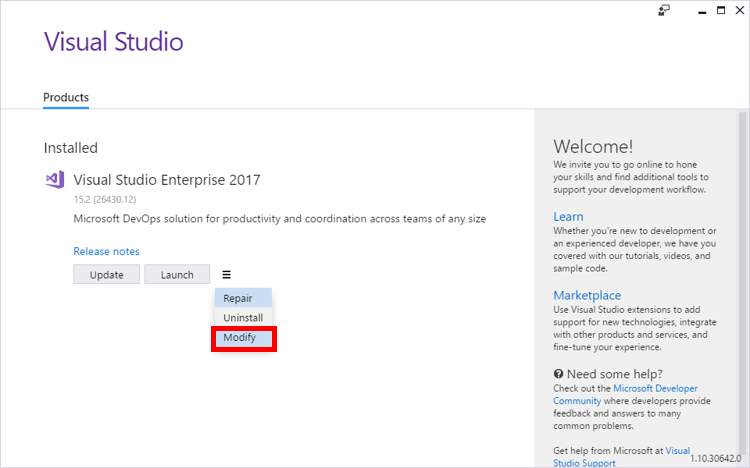 수정 Visual Studio 설치 관리자