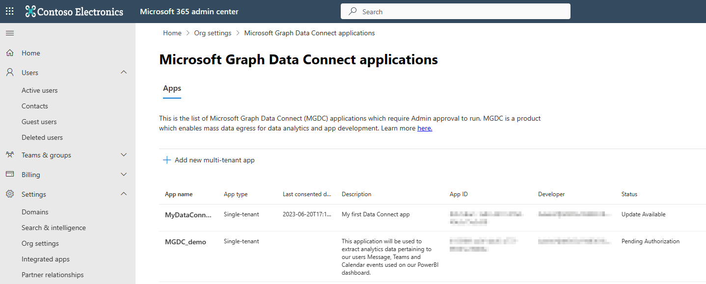 Screenshot of a quick view of apps in the Data Connect portal.