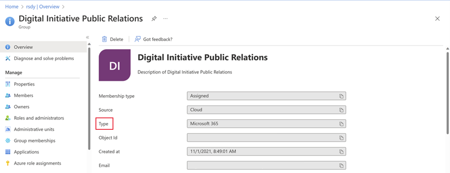 Screenshot of the group with the Type field highlighted