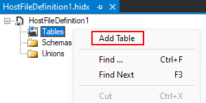 스크린샷은 기본 디자인 보기, 테이블 바로 가기 메뉴 및 테이블 추가에 대해 선택한 옵션을 보여줍니다.