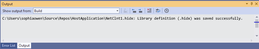 스크린샷은 HIDX 파일 위치가 있는 Visual Studio 출력 창을 보여줍니다.