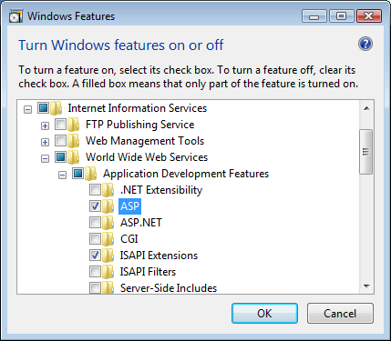 애플리케이션 개발 기능 창이 확장되고 ASP가 선택된 Windows 기능 켜기 또는 끄기 페이지의 스크린샷