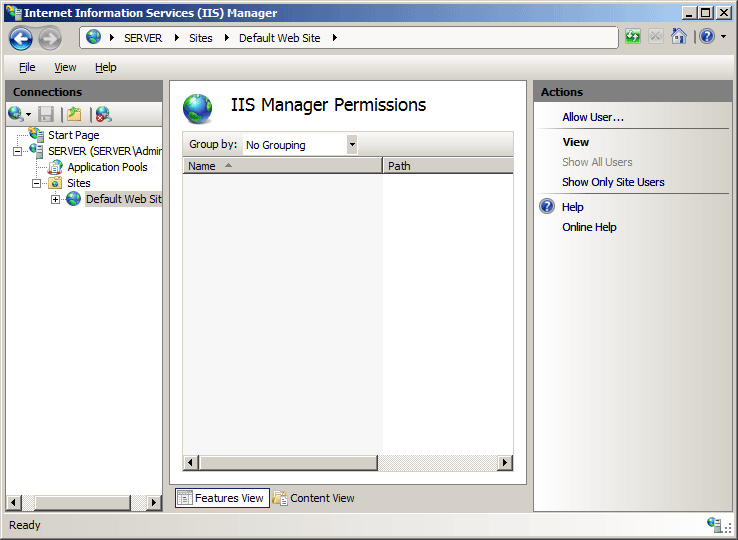 작업 창에서 사용자 허용 옵션을 보여 주는 I S 관리자 권한 화면의 스크린샷.