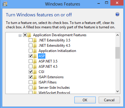 애플리케이션 개발 기능 창이 확장되고 ASP가 선택된 Windows 켜기 또는 끄기 기능 페이지의 스크린샷