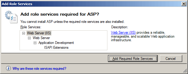 ASP 질문에 필요한 역할 서비스 추가 및 필수 역할 서비스 추가 단추를 표시하는 역할 서비스 추가 대화 상자의 스크린샷