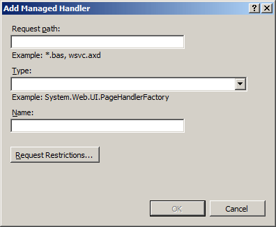 스크린샷은 요청 경로, 유형 및 이름에 대한 필드가 있는 관리되는 처리기 추가 대화 상자를 보여줍니다.